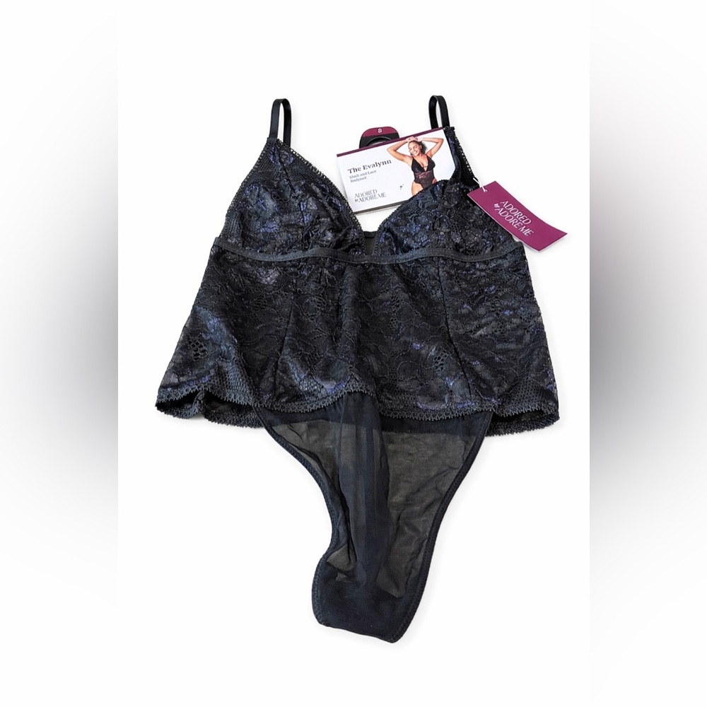 Adore Me Evalynn Lace Mesh Teddy Bodysuit Black Lingerie Size M NWT